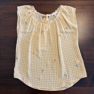 Yellow Gingham Palm Tree Blouse Sz Sm Cottagecore Picniccore Soft Girl Coastal